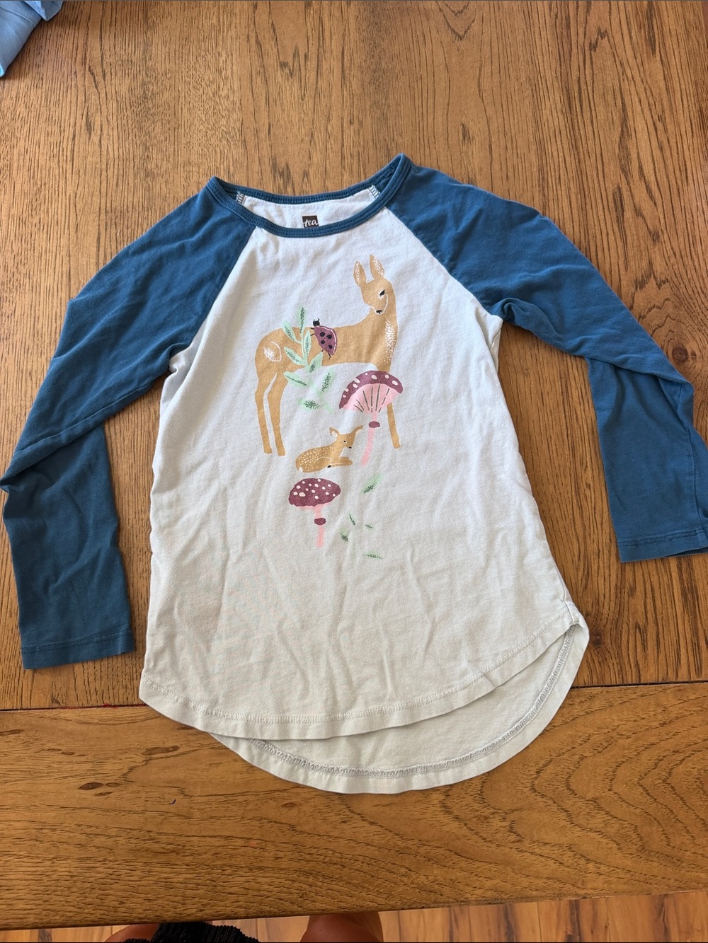Girls' TEA brand long sleeve white & Blue Top with Deer and Mushroom Print s